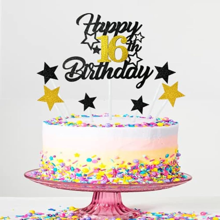 Dargds Decoración para tartas de 16 cumpleaños para niñas y jóvenes, 16 cumpleaños, estrellas doradas con negras, decoración para tartas para 16 tartas de nacimiento, decoración para niños y niñas GRMHxct1