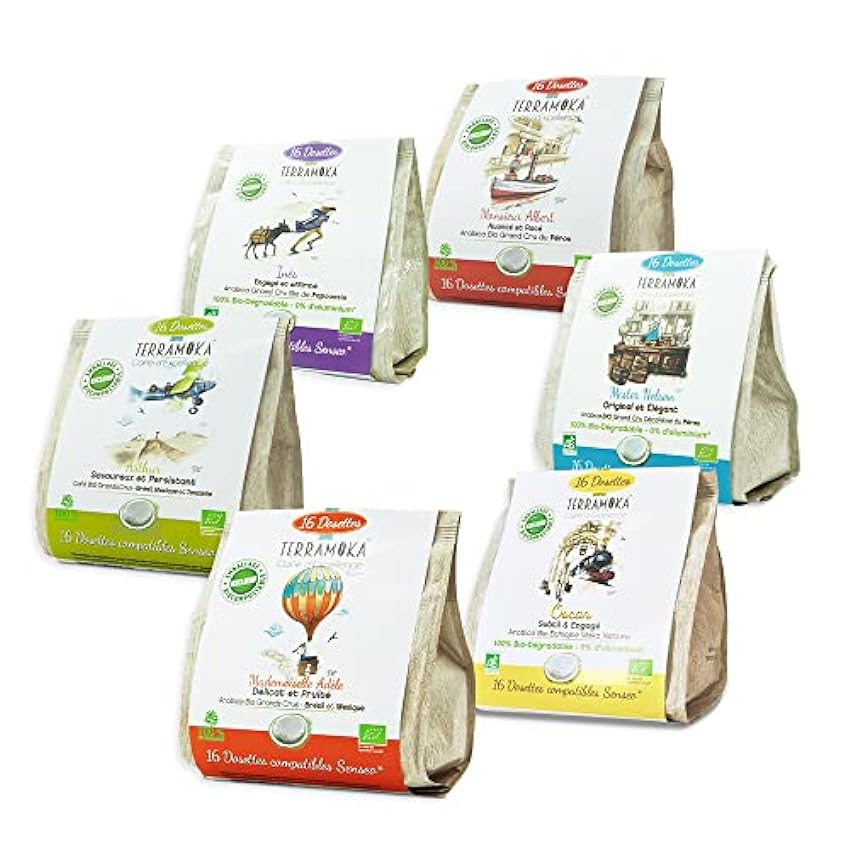 TERRAMOKA - Café Ecológico Premium - Pack regalo degustación - Mezcla de 6 variedades de café Grand Cru - 96 cápsulas Senseo Residuo Cero (6 * 16) - Home Compost - En Francia K2jZxUmM
