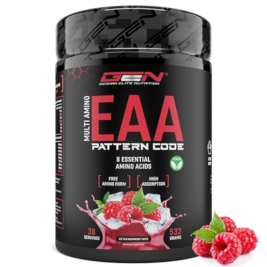 Polvo EAA - 532 g - Ice Tea Raspberry - Fórmula de código humano - Todos los 8 aminoácidos esenciales - Bebida de entrenamiento Amino - Sabor delicioso - Vegano mkYRPgdW