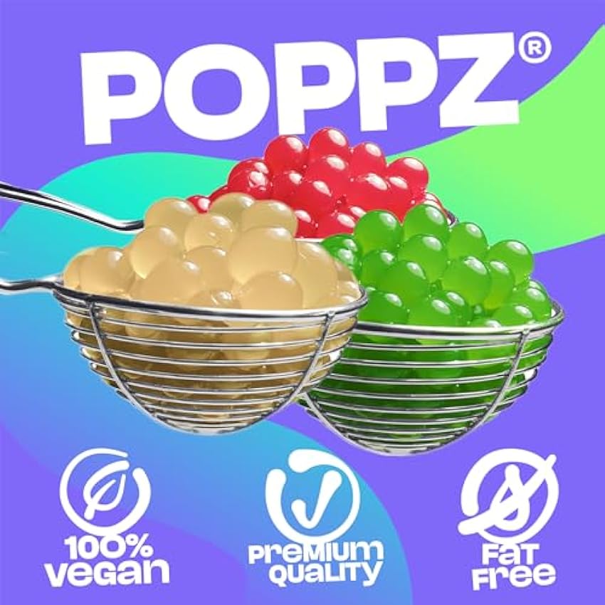 POPPZ Popping Boba Burbujas de frutas para Bubble tea/Té de burbujas - Paquete de 4 perlas de Tapioca que revientan frutas de Bubble Mania - Listo para comer (Kiwi, Cereza, Lichi) O3DQrnrz