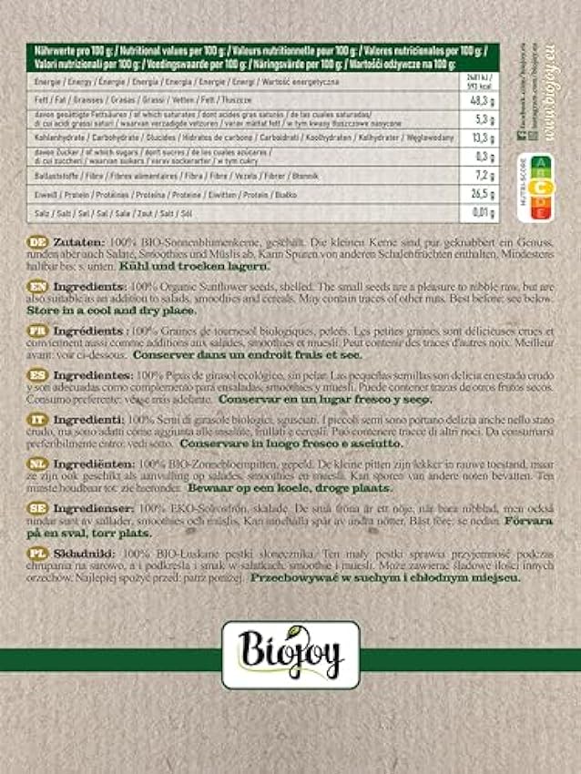 Biojoy Semillas de Girasol orgánicas (1,5 kg), peladas, crudas y sin sal MDXofnCz