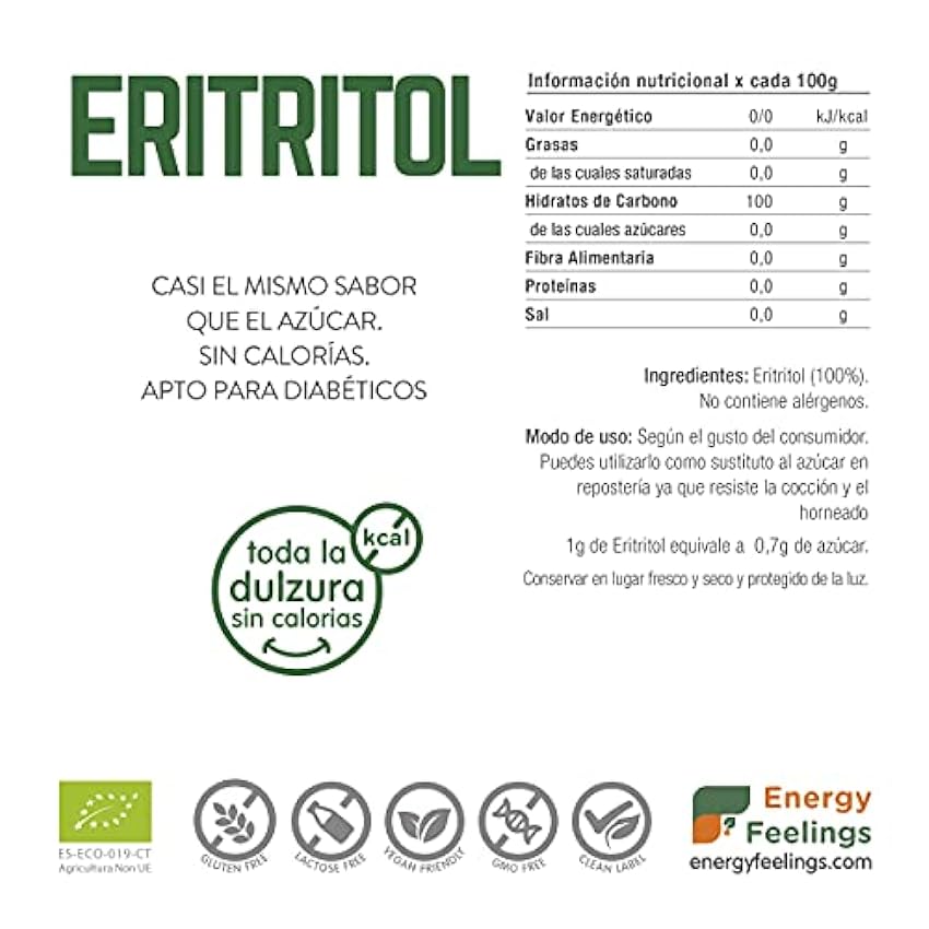 Energy Feelings Eritritol Granulado Ecológico | 0% Kcal | Edulcorante Y Endulzante Natural | Sin Azúcar | Sin Gluten | Vegano | Edulcorante Para Cocinar ivFtTGN9