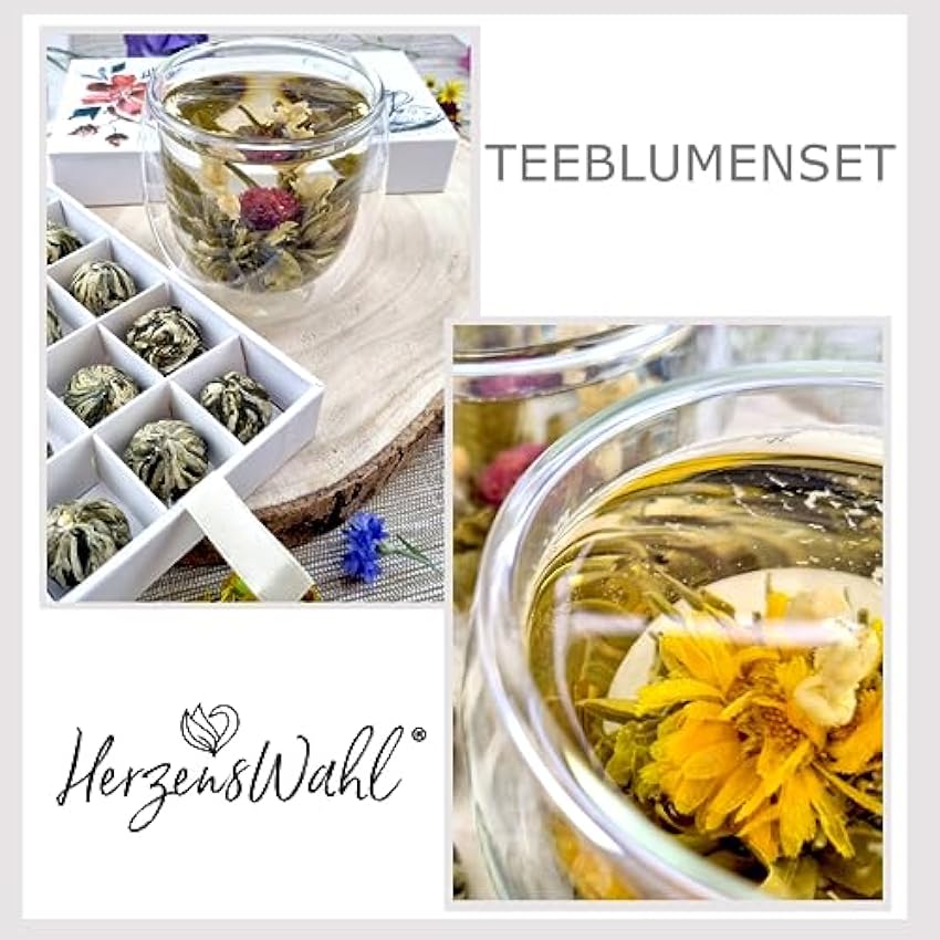 HerzensWahl Juego de regalo de flores de té, 15 flores de té blanco, té verde y té negro en caja de té, rosas de té, juego de flores de té para amantes del té, incluye caja de regalo K4HKveiR