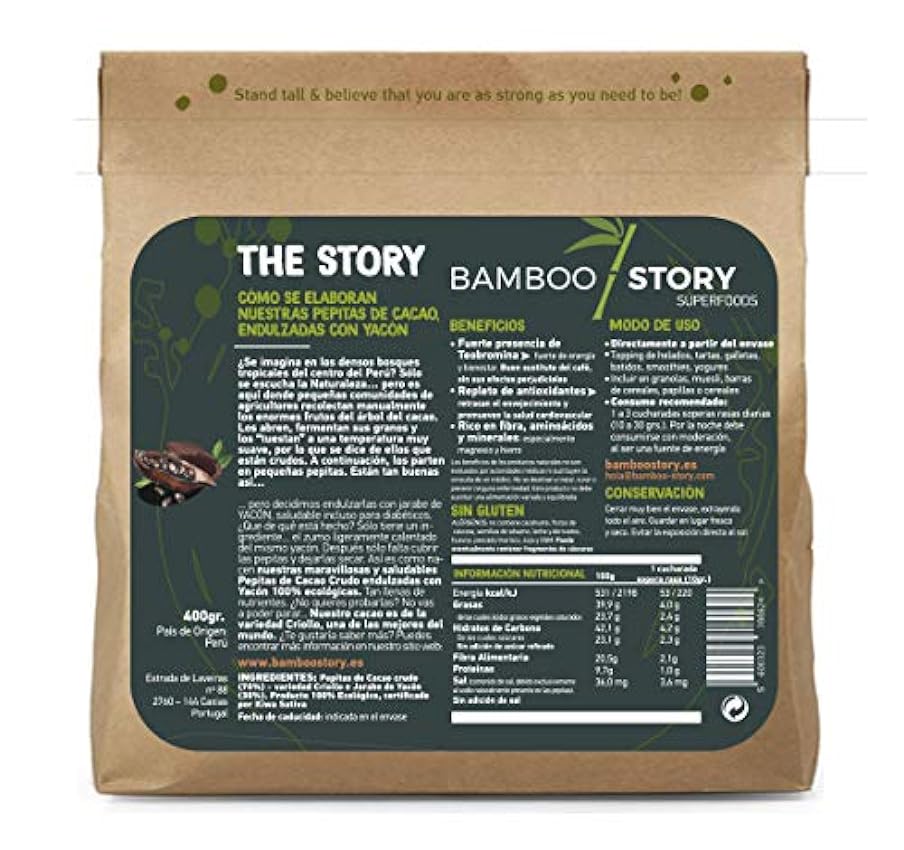 BAMBOO STORY | Nibs Cacao CRUDOS Endulzado con Jarabe YACÓN | Criollo | Puntas | 400g | Yacón=Boniato Peruano= muy saludable) gns06d6P