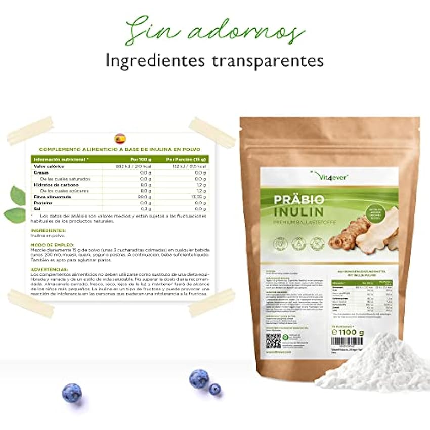 Prebio Inulin Powder - 1100 g (1,1 kg) - Alto contenido en fibra - Prebiótico - Residuos controlados - Origen Europa - Naturalmente de la raíz de achicoria - 100% Vegano isE1Iu5p