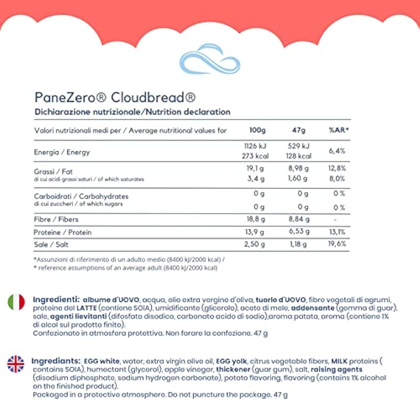 Nuvola Zero - Pane Zero Cloudbread, Pan Sin Carbohidratos, Sin Azúcar, Sin Lactosa, Alto en Fibra y Proteínas, Sin Gluten, Paquete de 12 uds, Fabricado en Italia M4OJDE8L