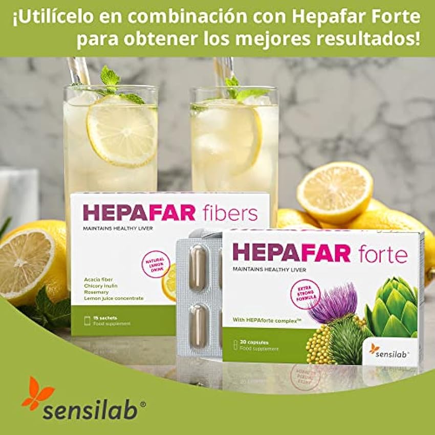Hepafar Fibers - Detox - Zumo de limón, fibra soluble, achicoria, romero - Bebida refrescante natural alta en fibra - Complejo hepático - 30 sobres para 30 días - Sensilab FZ1I1z01