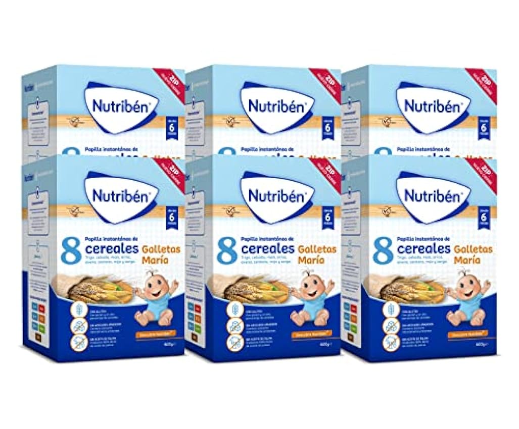 Nutribén Papilla 8 Cereales con Galletas María, Sin Aceite de Palma, Alimento para Bebés, desde los 6 Meses, Pack de 6 x 600g mefVkiKW