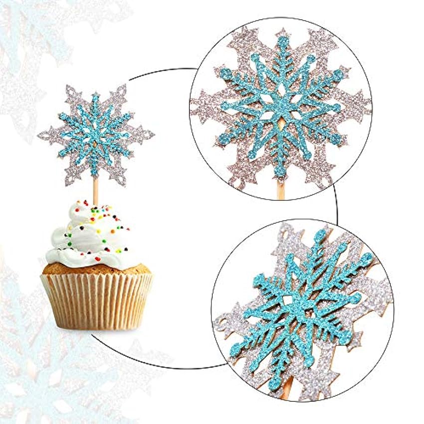 Unimall - Juego de 24 adornos para cupcakes con forma de copo de nieve y purpurina, para invierno, decoración para fiestas de cumpleaños, Navidad, bodas, decoración de pasteles hOMXND38