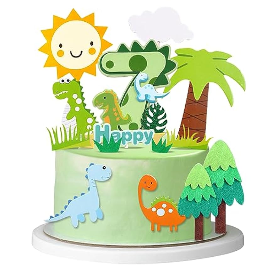 Guoguonb 7th Happy Birthday Dinosaurio - Decoración para tarta de 7 años, diseño de dinosaurio verde mSdFdqT0