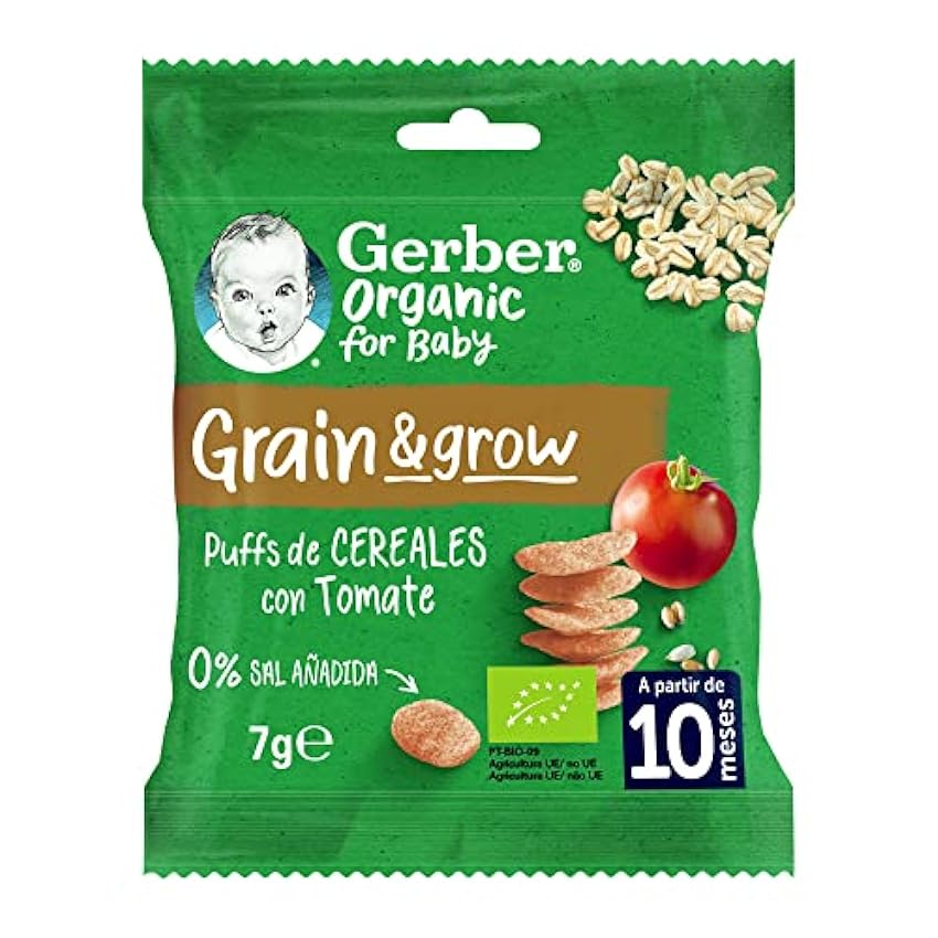 GERBER Organic Puffs Tomate, Snack de Cereales para Bebés, Bolsita 10x7g, a partir de 10 meses n8VB1JMy