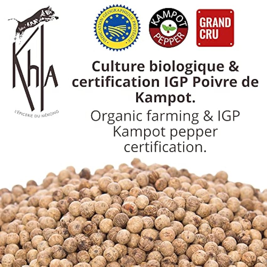 KHLA - Pimienta blanca de Kampot Premium IGP - 250g - Pimienta en Grano en Sobre gmVEuRfm