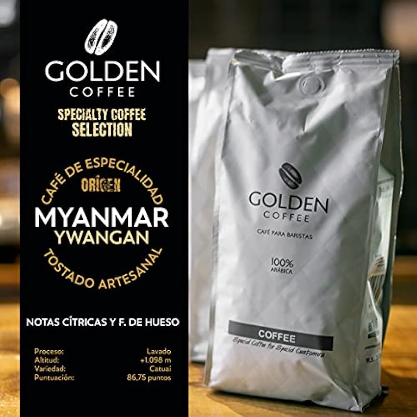Golden Coffee - Café de Especialidad en grano Origen Myanmar Ywangran - Café Tostado en grano Arábica 100% - Bolsa de Café de 1kg - Cuerpo Cremoso y Acidez Media - Café de Origen PQWm2dV9