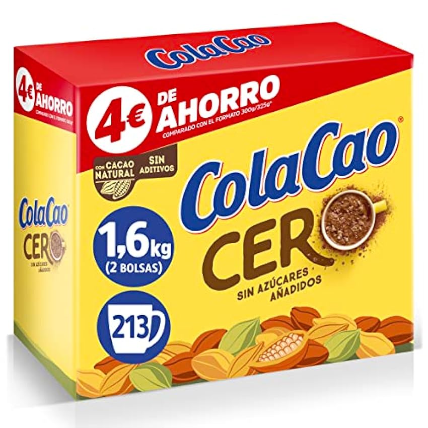 ColaCao Cacao Soluble, 0% Azúcares Añadidos, 1.6kg Kjs5