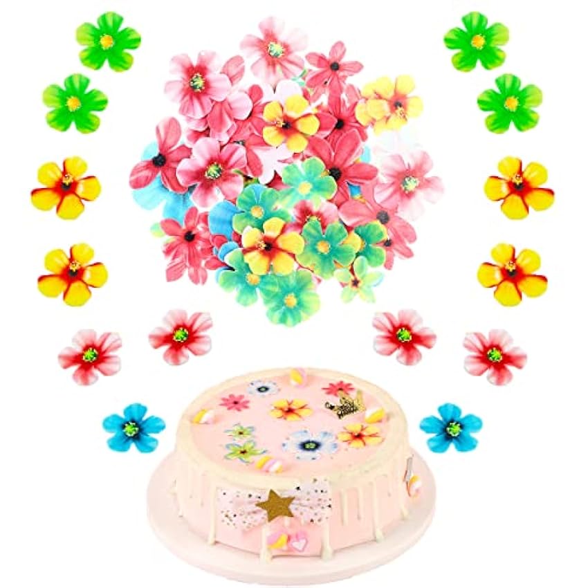 Jxuzh 64 unidades de decoración de flores para tartas, papel de oblea colorido, decoración comestible para tartas, bodas, cumpleaños, baby showers, accesorios de fiesta P2SwsCET