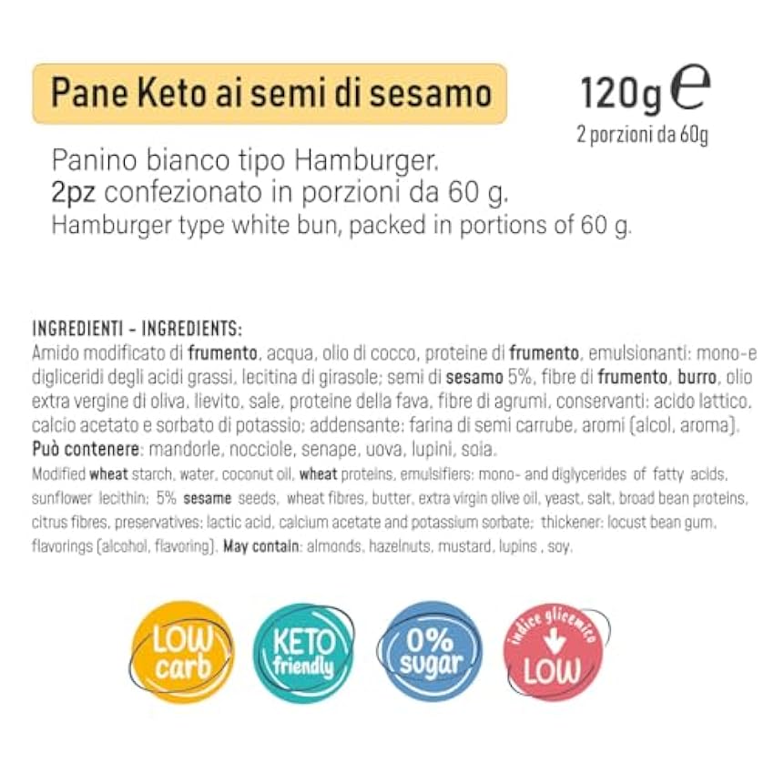 Pan Keto de Semillas de Sésamo para Hamburguesa Keto SoKeto (2udsx60gr) con 2,7 gr de carbohidratos por porción para Dieta Keto/Proteica/Diabetes Ig