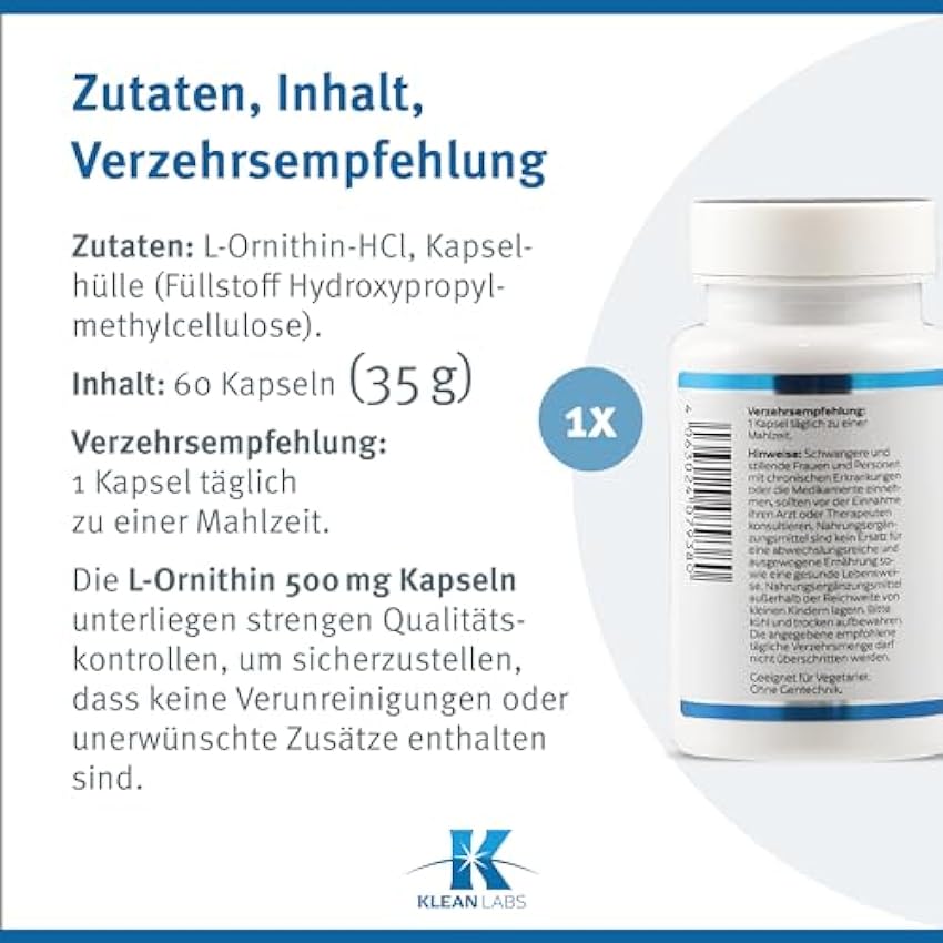 Klean Labs - L-ornitina - 60 cápsulas - vegetariano, sin ingeniería genética, dosis altas, sin aditivos no deseados iKGYvq0D