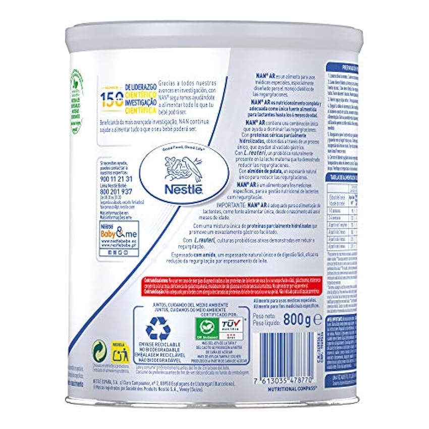 NAN Nestlé AR Alimento en polvo para lactantes con regurgitaciones (antireflujos). Desde el primer día 800 g - Pack de 3 PBJIciT4