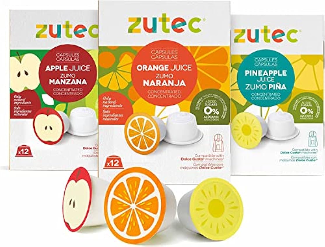 Zutec - Cápsulas de Zumo Surtido 2 (Naranja, Piña y Manzana) - Compatibles con Dolce Gusto* cafeteras - 3 Estuches de 12 cápsulas - 36 cápsulas Npt69DvN