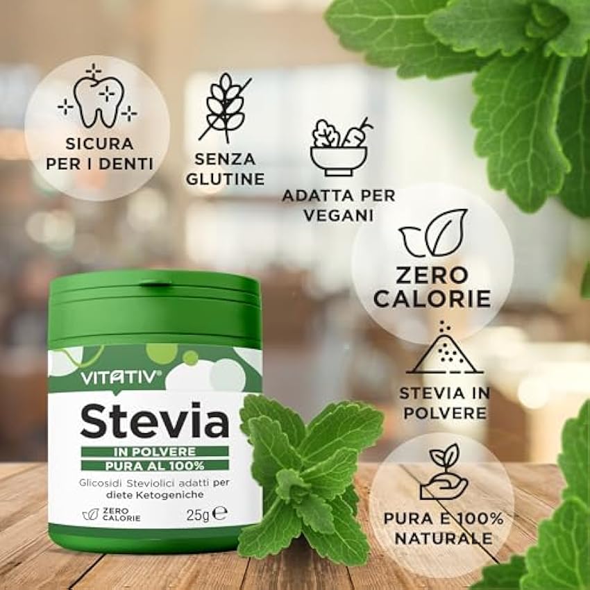 VITATIV Stevia Pura en Polvo Rebaudiósido A 98% Edulcorante Natural Adecuado para dietas Ketogénicas 25gr I5fpsHqE