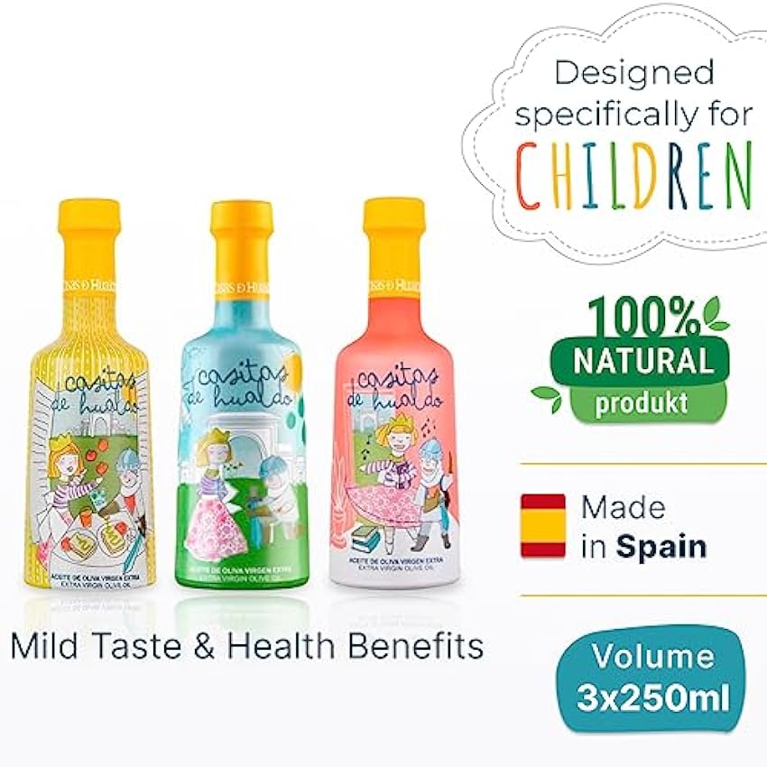 Set de regalo 3 x 250 ml | Aceite de oliva extra virgin | Ideal para niños | Ultra Premium | con alto contenido de polifenoles | de España | Arbequina y Cornicabra | Espana Gourmet NG5l2jB6