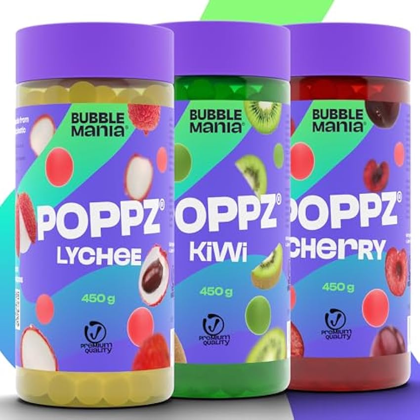 POPPZ Popping Boba Burbujas de frutas para Bubble tea/Té de burbujas - Paquete de 4 perlas de Tapioca que revientan frutas de Bubble Mania - Listo para comer (Kiwi, Cereza, Lichi) O3DQrnrz