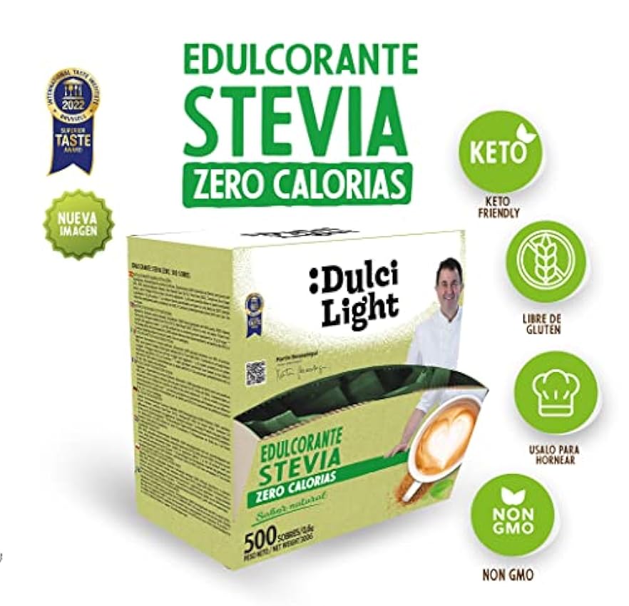 Edulcorante Stevia Zero DulciLight 500 Sobres 0% Calorias | Endulzante de Stevia Granulado 100% Natural |1gr = 10gr de azúcar| Stevia pura en sobres con Fibra Vegetal | Sustituto del azúcar JPfeSEyh
