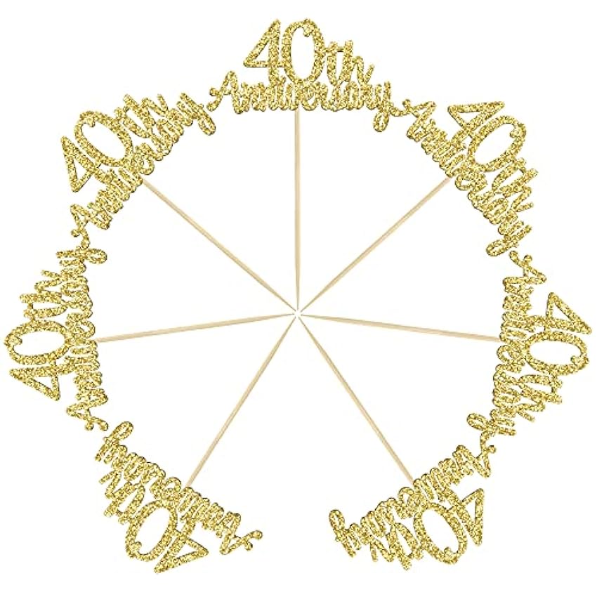 Gyufise Paquete de 24 decoraciones para magdalenas de 40 aniversario con purpurina dorada para decoración de tartas de 40 aniversario para 40 aniversario de boda, aniversario, fiesta de tartas pduxNzAE