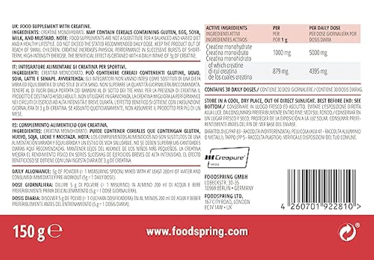 foodspring Creatina en polvo, 150g, monohidrato de creatina puro para el crecimiento muscular, la fuerza y la resistencia, Made in Germany PVumEOnb