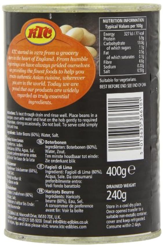Ktc Frijoles Lima (Enlatados) paquete de 12 x 400 gr 0.4 ml - Pack de 12 NFvH9mP6