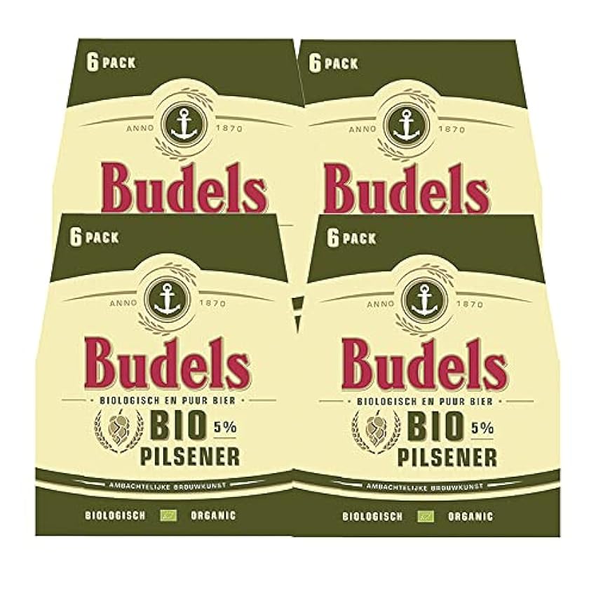 Budels - Caja de 24 Cervezas BIO Pilsner - Producto Natural - Fermentación Baja - Temperatura de Consumo de 4 a 6ºC - Cervezas Refrescantes y Burbujeantes - 6 Packs de 4 Cervezas fRF5QRGo