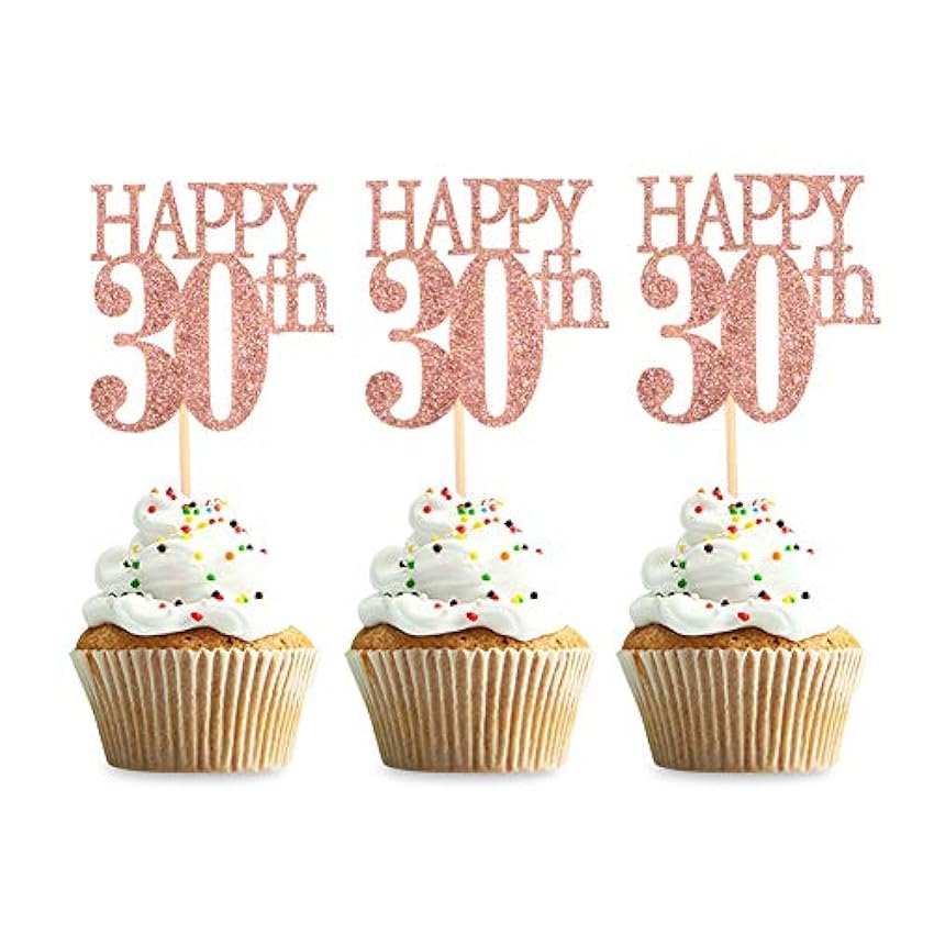 Blumomon - 24 adornos para cupcakes de 30 cumpleaños, 30 adornos para tartas de oro rosa, decoración para tartas de cumpleaños para fiestas de cumpleaños, aniversarios, suministros de celebración KVGfPHCq