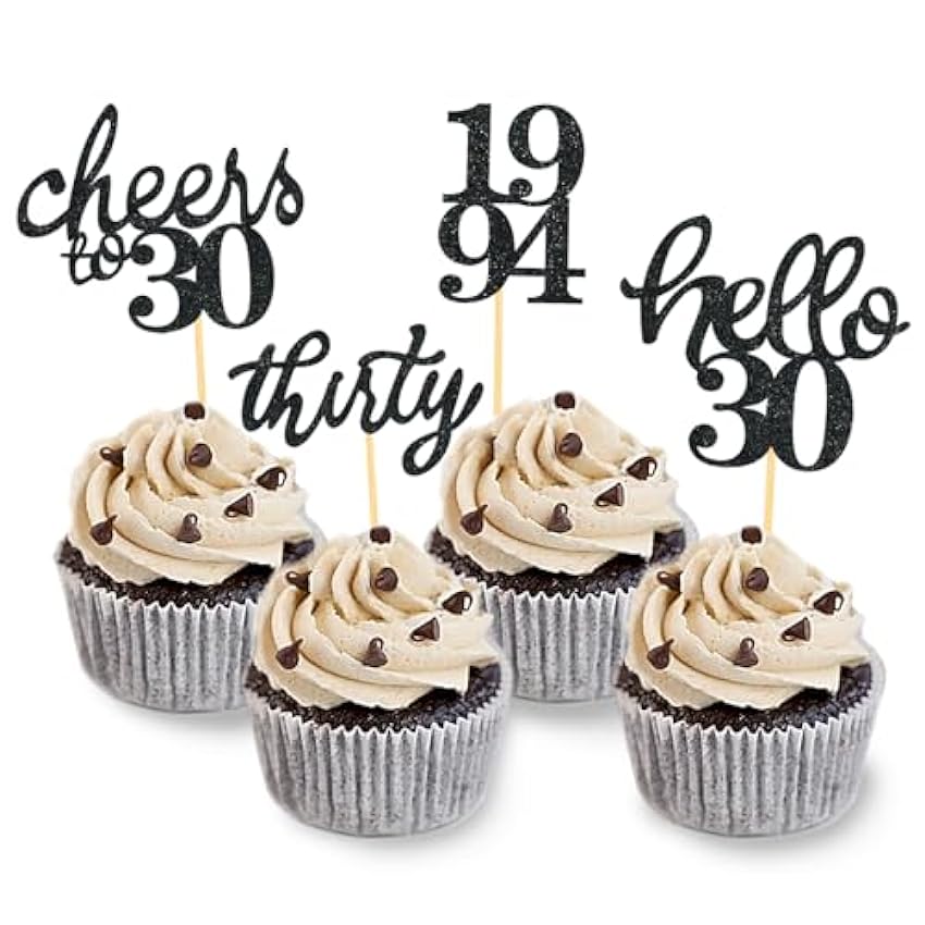 24 piezas brillantes 30 cumpleaños Cupcake Topper Decoración de cumpleaños de 1993 para 30 cumpleaños accesorios de fiesta decoración de pastel (negro) hb3zdKAG