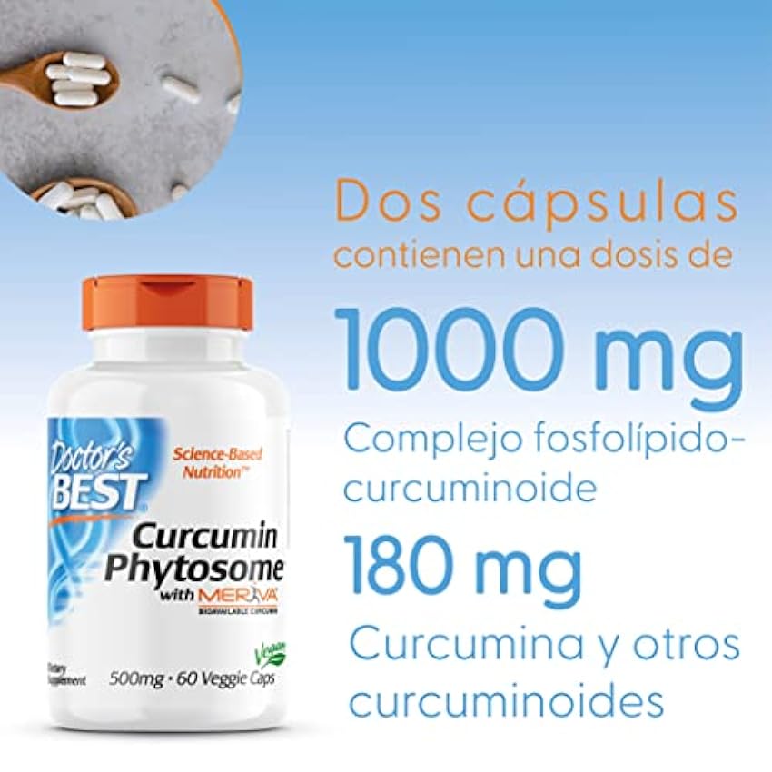 Doctor´s Best, Curcumine Phytosome (Fitosoma de Curcumina) con Meriva, 500mg, 60 Cápsulas veganas, Probado en Laboratorio, Sin Gluten, Sin Soja, Vegetariano MAUSPY7e