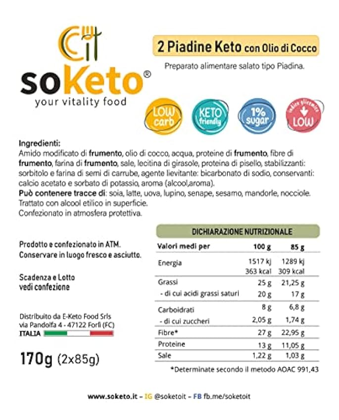 Keto Piadina Quetogénica Pan Keto para dieta Keto & Low Carb SoKeto (2x85gr)-Piada Keto Proteica con aceite de cocobase Pizza-También para vegetarianos, veganos, diabéticos (Ig