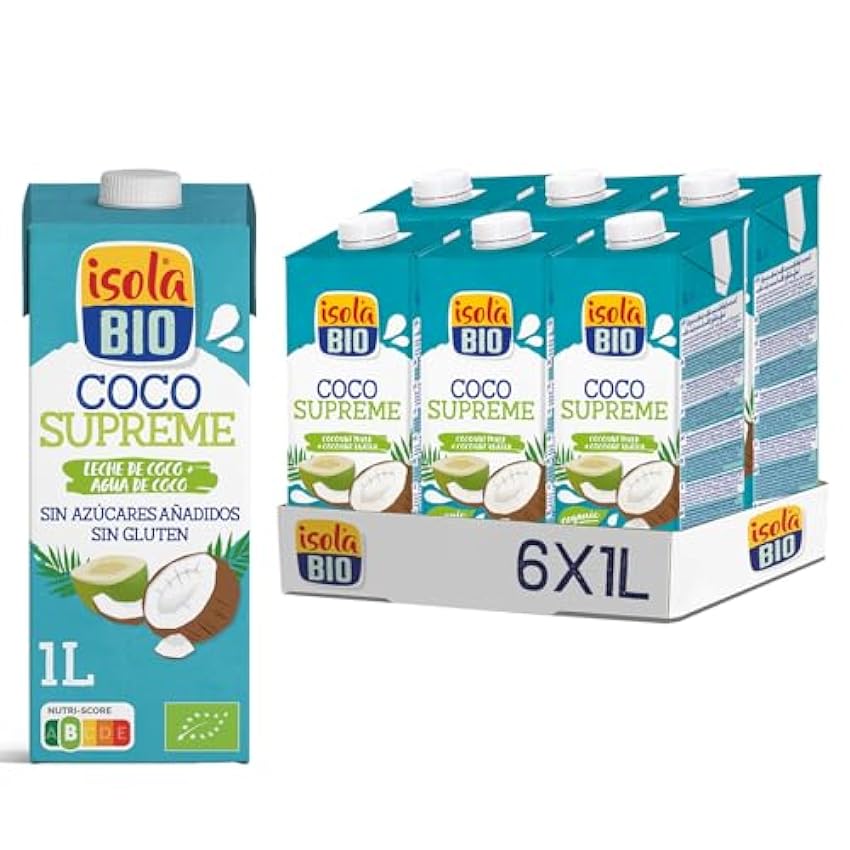 Isola Bio - Pack de 6 Unidades de 1 L de Bebida Ecológica Vegetal de Coco Supreme - Sin Azúcar Añadido y Libre de Gluten - Apto para Veganos - Ideal para Tomar Sola, con Café o en Batidos pGDrMkll