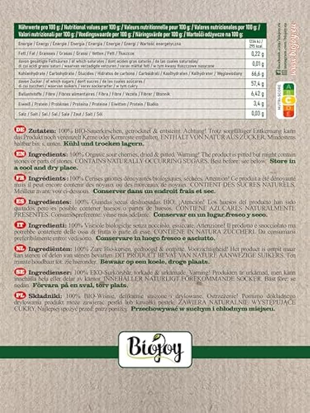 Biojoy Guindas deshidratadas BÍO (500 gr), sin hueso, sin azufre y sin azúcar HFac8mbk