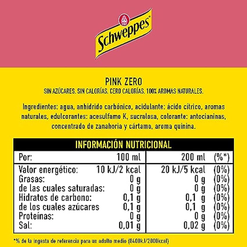 Schweppes Tónica Pink Zero con sabor a Grosella, Sin Azúcar ni Calorías - Lata, Pack 24 x 33 cl j8N2baYx