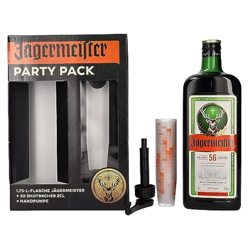 Jägermeister Party Pack 35% Vol. 1,75l in Giftbox with 20 Shotgläsern and Handpumpe PiOlQ4Ud
