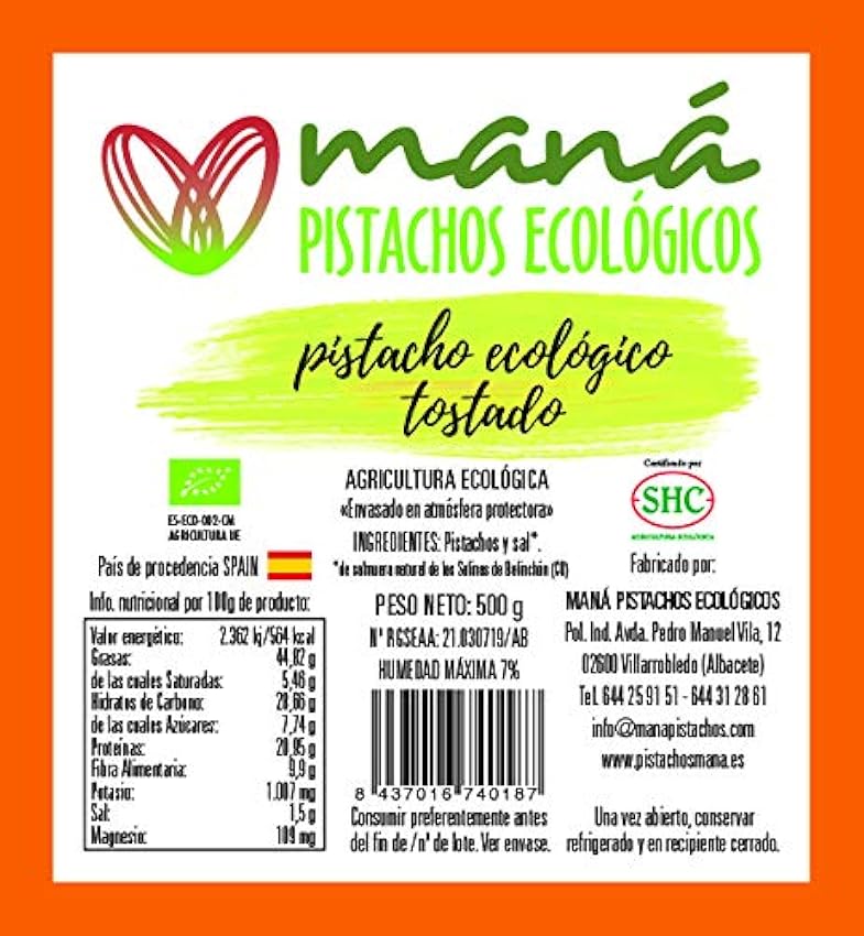 Maná Pistachos Ecológicos - Pistacho manchego ecológico, Tostado con cascara (500 gr.Tostado con cascara) PHrXX0By