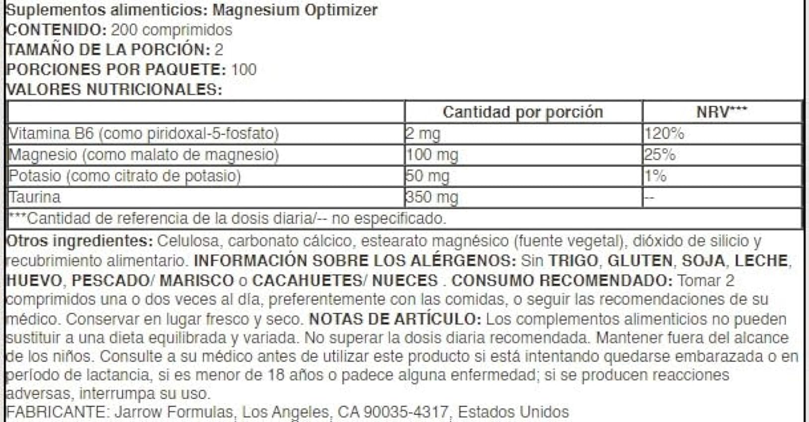 Jarrow Formulas Magnesium Optimizer, 200 tabletas, Suplemento de Magnesio y Taurina para la Salud Óptima GNEoqS7B
