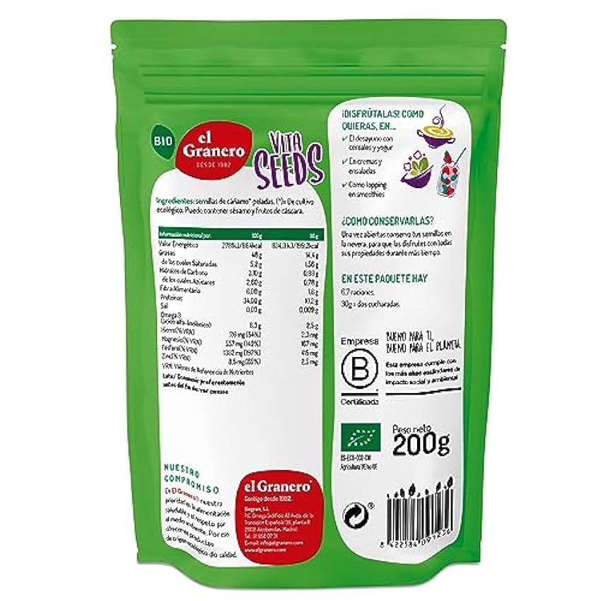 El Granero Integral - Vita Seeds Semillas de Cáñamo Pelado BIO - 200 g - Fuente de Proteínas y Ácidos Grasos Omega-3 - Rico en Hierro y Magnesio - Regula el Azúcar en la Sangre - Apto para Veganos L0ch7JTa