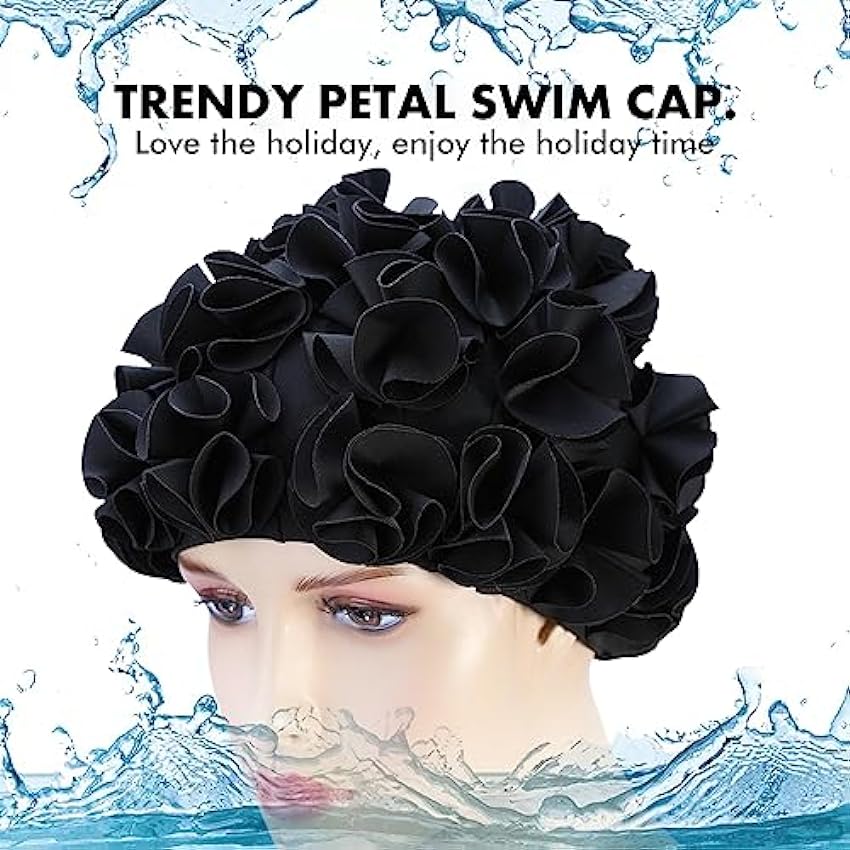 DEWIN Swim Cap, Sombrero de Natación Retro Floral Flower Fashion Elastic Swiming Hat Long Hair Swim Bathing Cap para Mujeres Niños (Negro) m3RupOef