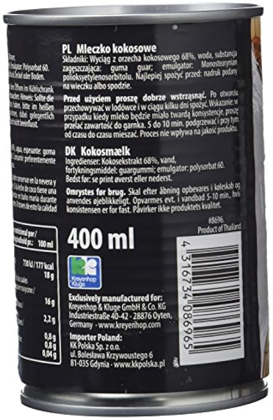Bonasia Leche de Coco, Contenido de Grasa 17-19% - Paquete de 12 x 400 ml - Total: 4800 ml gd082tA3