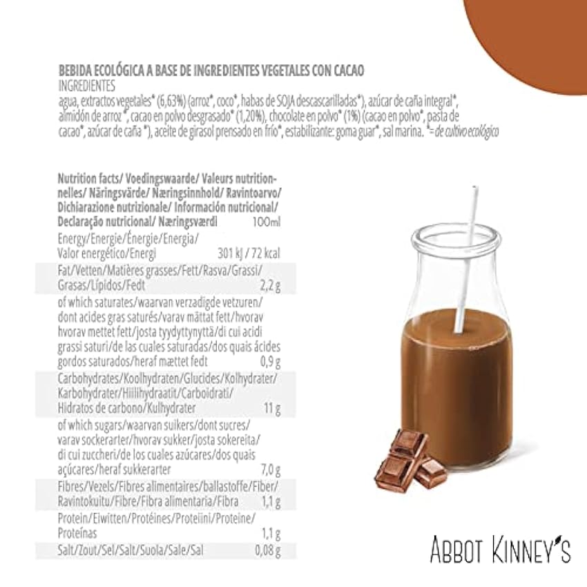Abbot Kinney´s - Pack de 6 Unidades de 1 L de Batido Ecológico Vegetal Sabor Chocolate - Apto para Veganos - Sin Lactosa - A base de Arroz, Coco y Soja - Delicioso Batido sin Leche fSGwAS7U