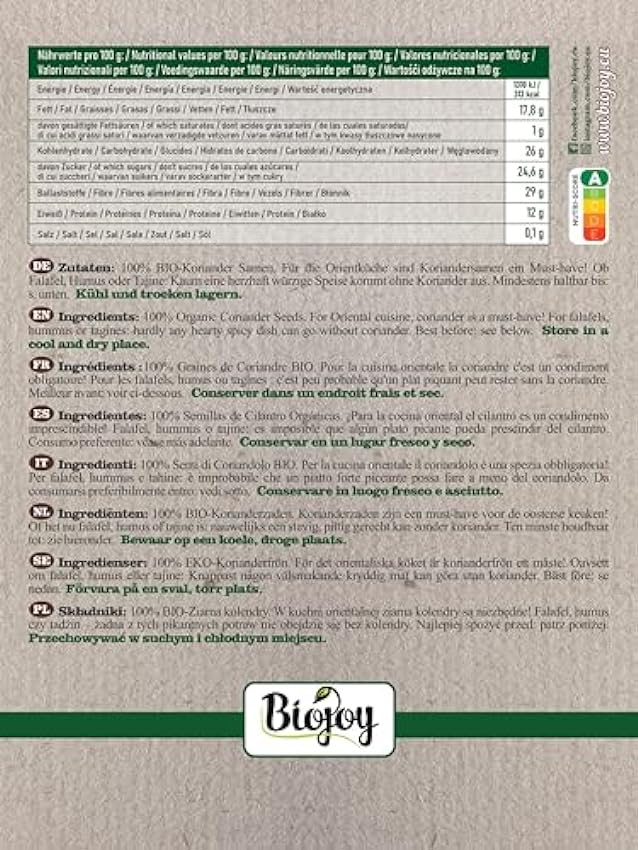 Biojoy Semillas de Cilantro orgánico (250 gr), naturales, enteras, sin aditivos, Coriandrum sativum Pio28lO3