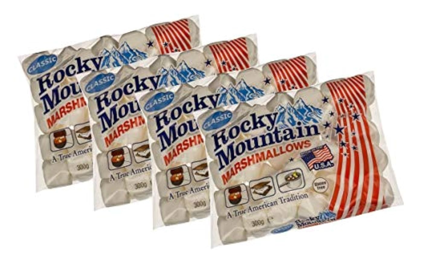 Rocky Mountain Marshmallows Classic 4x300g, dulces tradicionales americanos para asar en la hoguera, a la parrilla o al horno, 4x300g p8sw5Ckk