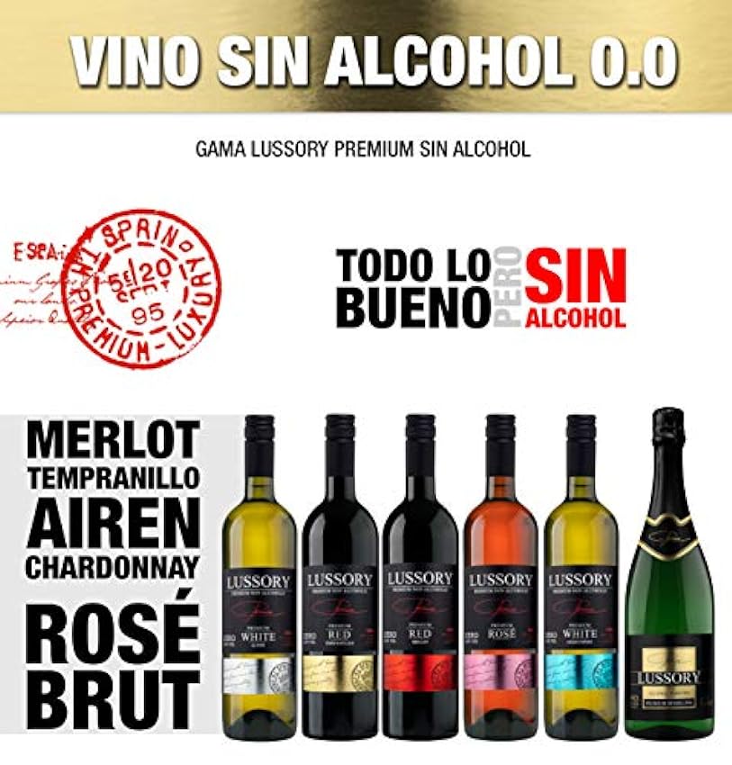 Vino Blanco desalcoholizado 0,0 SIN ALCOHOL - LUSSORY PREMIUM Airen | Caja de 6 botellas x 0,75 cl JMQfapnf
