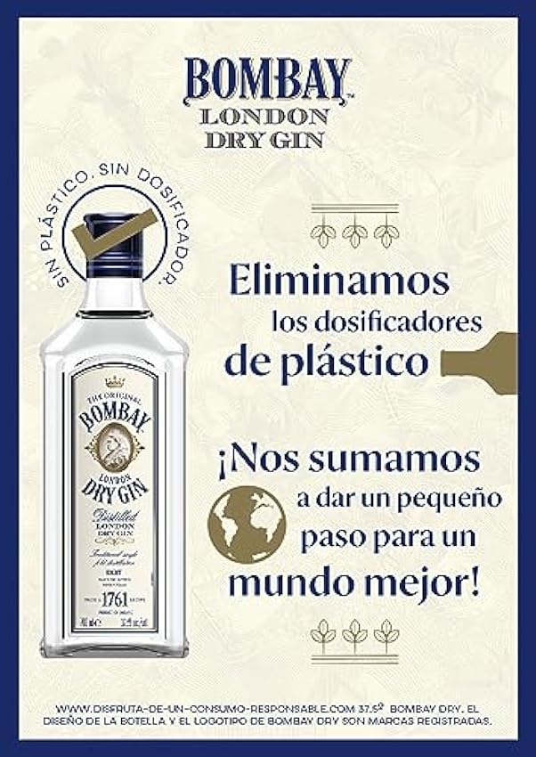 Bombay Distilled London Dry Gin, Ginebra infusionada al vapor con 8 botánicos exóticos seleccionados a mano, 40 % vol., 70 cl / 700 ml klCNcqYj