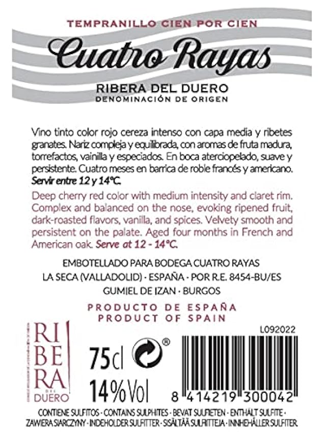 CUATRO RAYAS Tempranillo Roble - Vino Tinto DO Ribera del Duero (Botella x 750ml) JHSgkrL4